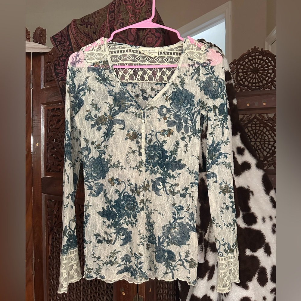 Ralph Lauren Cream and Blue Graphic Lace Long Sleeve Blouse